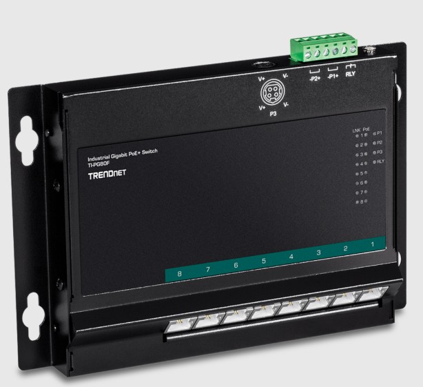 TRENDnet - Ti-pg80f - 8-Port Industrial Gigabit PoE+ Wall-Mount Front Access Switch